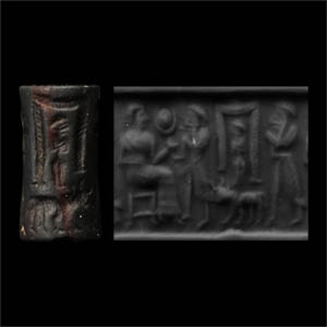 Old Babylonian Black Stone Cylinder Seal with Presentation Scene