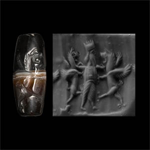 Achaemenid Banded Agate Cylinder Seal with King Grasping Rampant Winged Lions