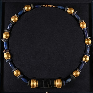Bactrian Lapis and Gold Necklace with Gold-Capped Central Bead