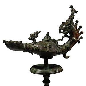 Late Roman Bronze Oil Lamp with Gryphon Handle and Stand