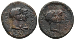 Kings of Thrace. Rhoimetalkes I and Pythodoris, with Augustus and Livia, AE 27mm.