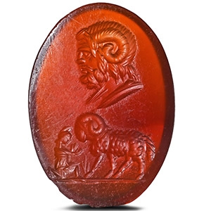 Roman Carnelian Gemstone with Zeus Amon and Pastoral Scene