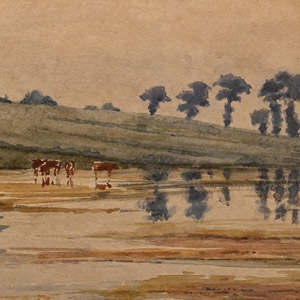 Watercolour of Landscape with Cows in Marshland