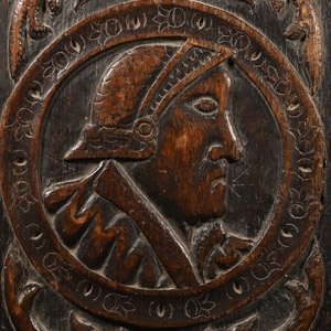 Tudor Wooden Plaque with Helmetted Figure