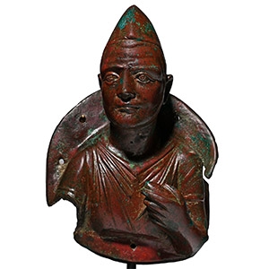 Large Roman Bronze Chariot Fitting with Imago Clipeata of a Priest of Mithras