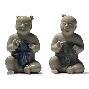 Ca Mau Cargo Shipwreck Glazed Blue and White Child Figurine Pair