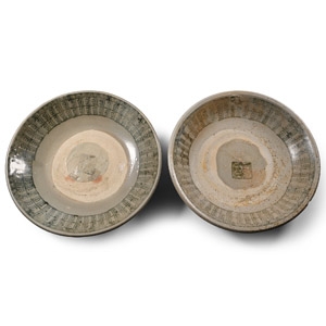 Hoi An Cargo Shipwreck Glazed Blue and White Large Plate Pair with Seal Stamps