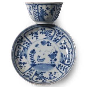 Ca Mau Cargo Shipwreck Glazed Blue and White Tea Cup and Saucer with Flowers