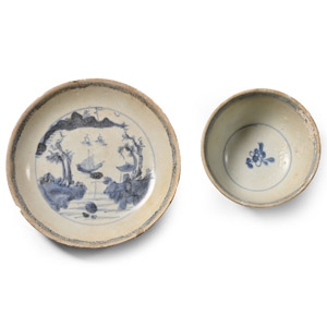 Ca Mau Cargo Shipwreck Glazed Blue and White Tea Cup and Saucer with Fisherman Scene