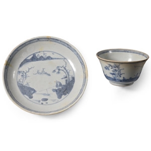 Ca Mau Cargo Shipwreck Glazed Blue and White Tea Cup and Saucer with Fisherman Scene