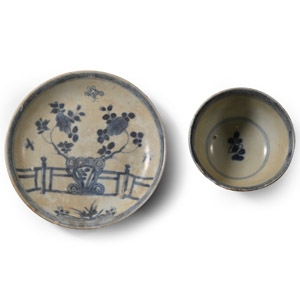 Ca Mau Cargo Shipwreck Glazed Blue and White Tea Cup and Saucer with Flowers