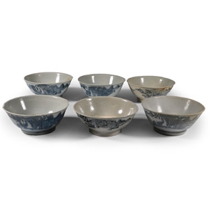 Large Tek Sing Treasure Shipwreck Glazed Dark Blue and White Rice Bowl Set