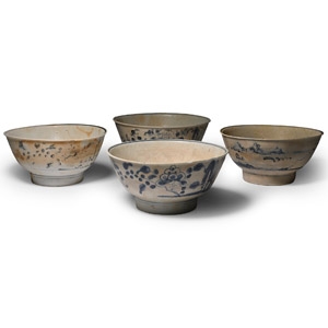 Large Tek Sing Treasure Shipwreck Glazed Dark Blue and White Rice Bowl Set