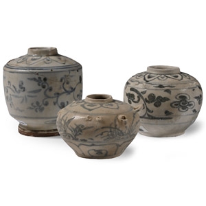 Hoi An Cargo Shipwreck Glazed Blue and White Vase Trio
