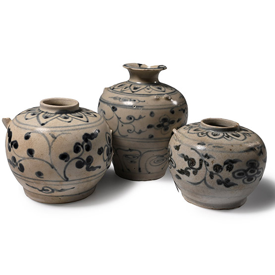 Hoi An Cargo Shipwreck Glazed Blue and White Vase Trio