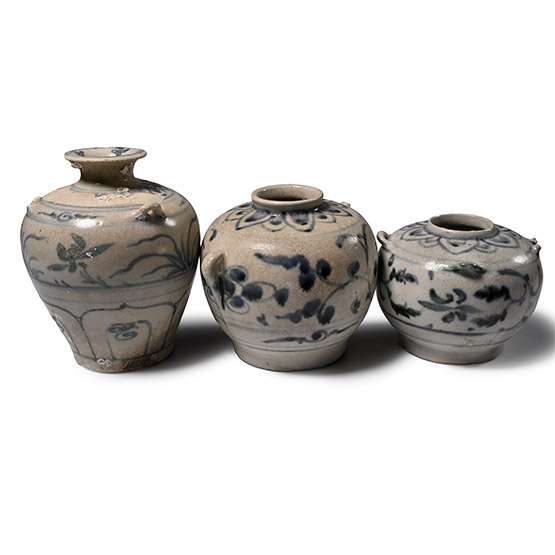 Hoi An Cargo Shipwreck Glazed Blue and White Vase Trio