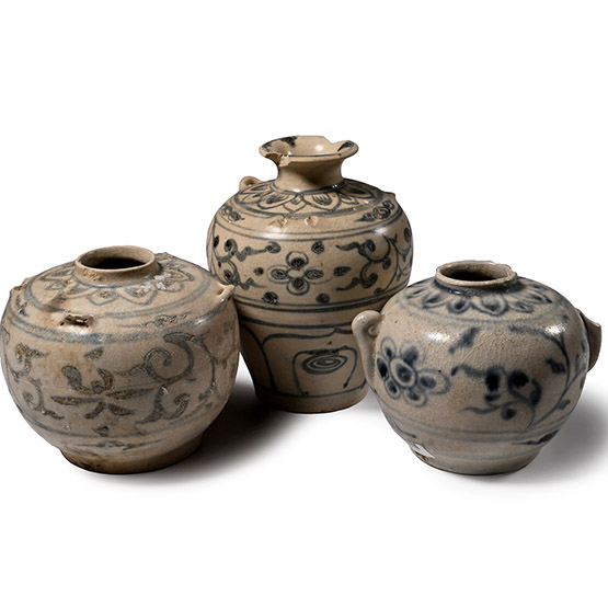 Hoi An Cargo Shipwreck Glazed Blue and White Vase Trio