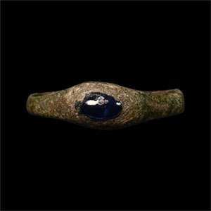 Medieval Bronze Bishops Stirrup Ring with Sapphire Cabochon