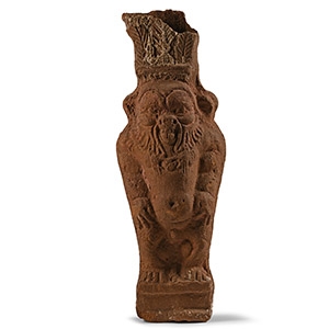 Egyptian Ceramic Statuette of the God Bes Wearing a Feather Crown