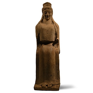 Massive Archaic Greek Terracotta Statuette of a Seated Goddess Demeter