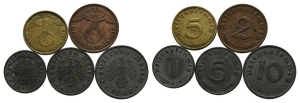Group of Five [5] Germany, Third Reich AE Coins.