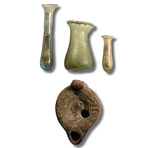 Romano-British Glass Vessel and Terracotta Oil Lamp Group