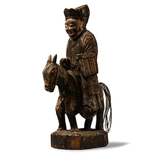 Chinese Ming Wooden Temple Figure Seated on a Horse