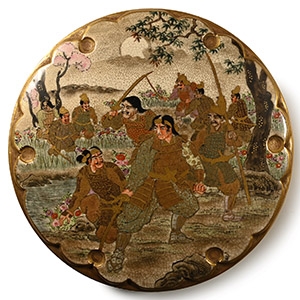 Japanese Ceramic Satsuma Box and Lid with Samurai Scene