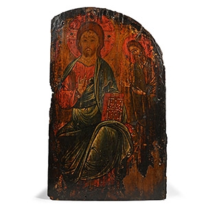 Large Cretan Wooden Icon Fragment of Deesis with Christ Pantocrator and Saint John the Prodromos