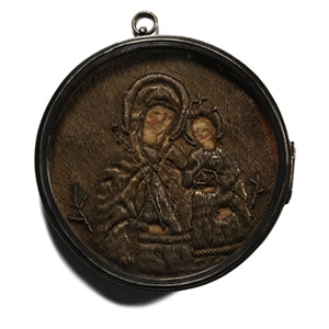 Greek Gold Thread Needle Point with Mary and Jesus in Silver with Inscription to the Archbishop of Jerusalem