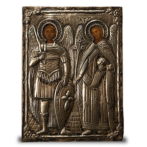 Greek  Wooden Icon with Silver Cover Showing Saint Michael and Gabriel