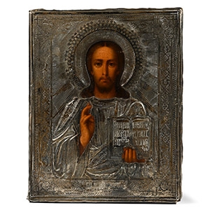 Russian Wooden Icon with Christ Pantocrator with Silver Cover