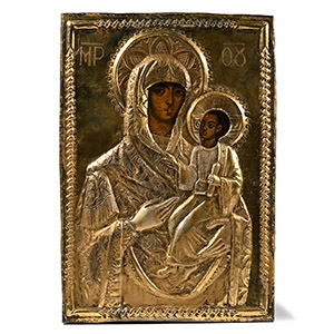 Greek Icon with Mother of God Hodegetria with Silver-Gilt Cover