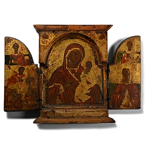 Greek Triptych Icon with Mother of God and Christ, Saint George and Other Saints