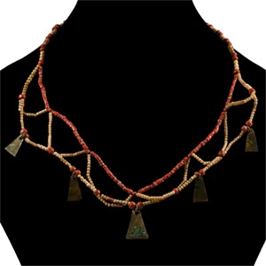 Viking Age Gold-in-Glass Bead Necklace String with Axe Pendants