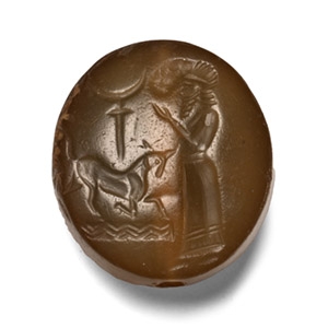 Neo Babylonian Chalcedony Stamp Seal with Worshipper and Prancing Bull