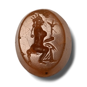 Neo Babylonian Chalcedony Stamp Seal with Seated Goddess