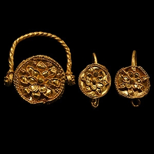 Greek Gold Ring and Earring Set with Rosettes