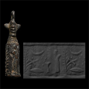 Mesopotamian Bronze Cylinder Seal with Double-Faced Demon Head