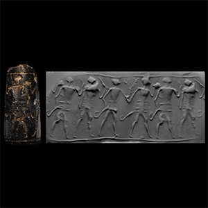 Levantine Black Stone Cylinder Seal with Walking Men