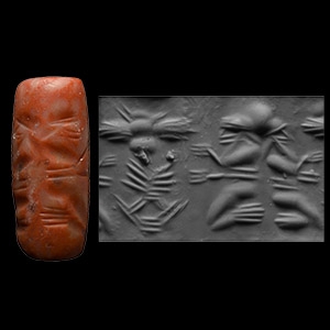 Old Babylonian Red Stone Cylinder Seal with Two Kneeling Worshippers