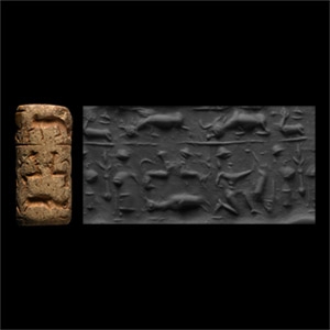 Mitanni Faience Cylinder Seal with Kneeling God and Animals