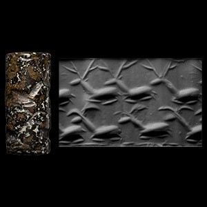 Northern Mesopotamian Black Stone Cylinder Seal with Rows of Horned Animals