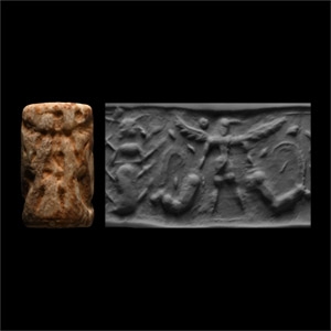 Western Asiatic White Marble Cylinder Seal with Standing Goddess