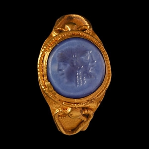 Graeco-Roman Gold Ring with Double Actors Mask Gemstone