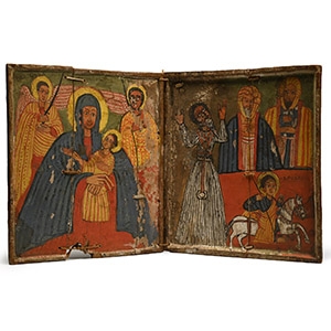 Ethiopian Wooden Diptych Icon of the Virgin and Child with Gabra Manfus Qeddus and Saints