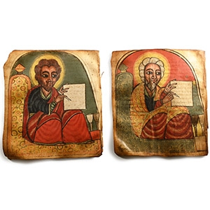 Ethiopian Painted Parchment of Two Evangelist Portraits from a Gospel