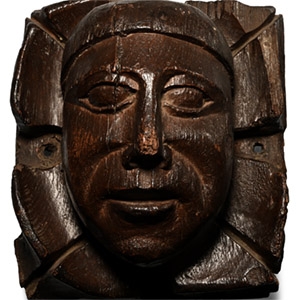 Medieval Carved Oak Boss with the Mask of a Man and Foliage