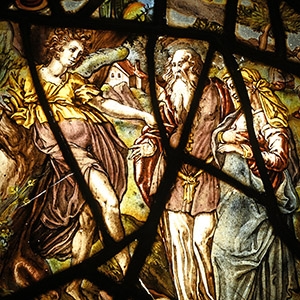 Medieval Stained Glass Roundel Depicting an Angel and a Couple