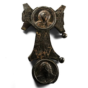 Byzantine Gilt Bronze Altar Cross with Two Medallions